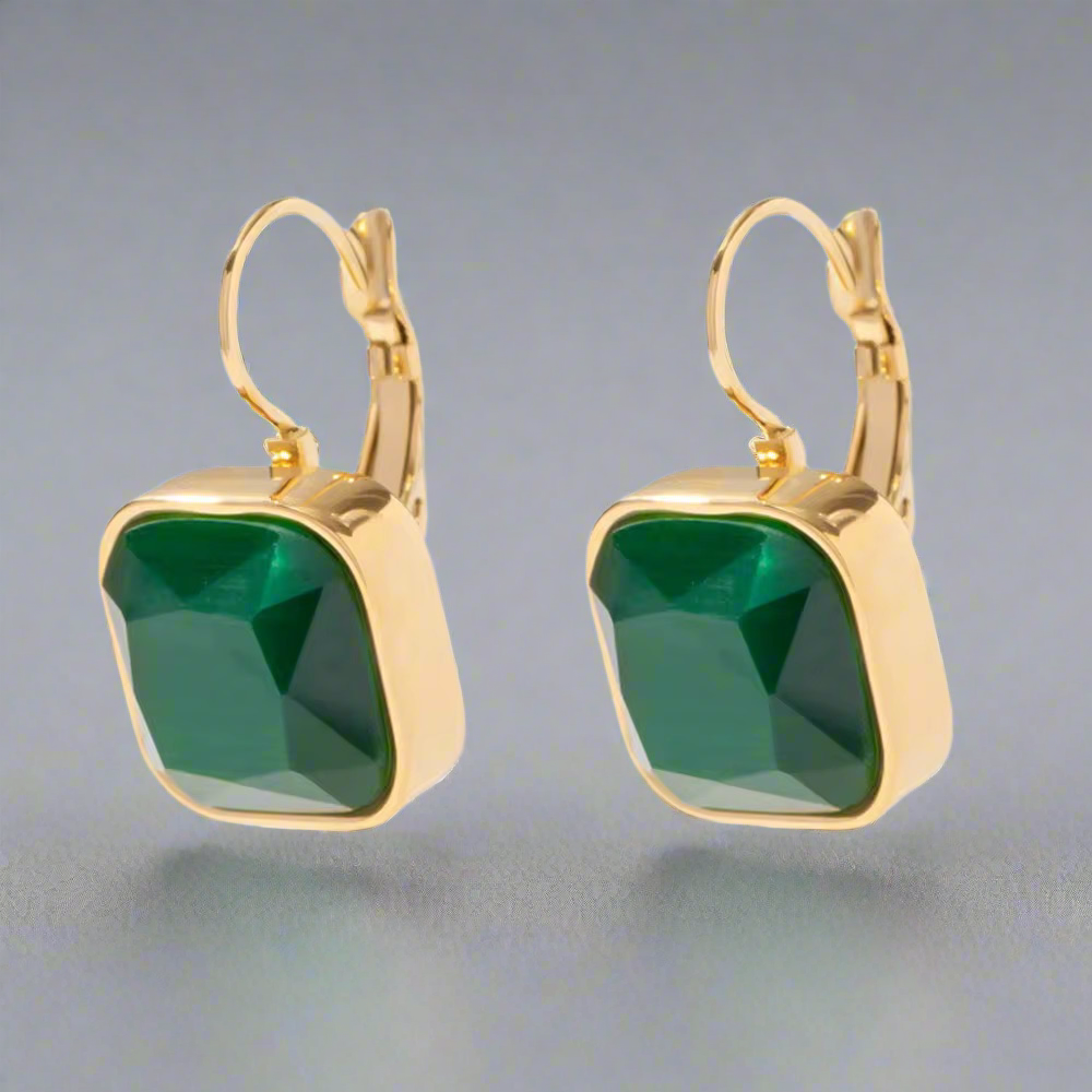 16184 Women’s Green Crystal Rhinestones Gold Plated Stainless Steel Hoop Earrings
