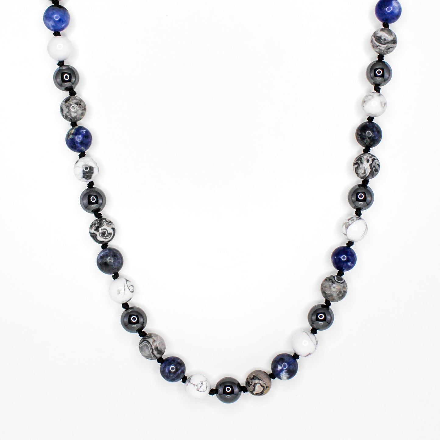 11404 Men's 10mm Handknotted Necklace in Gray Landscape Jasper, Larvikite, Lava Stone and Matte Hematite