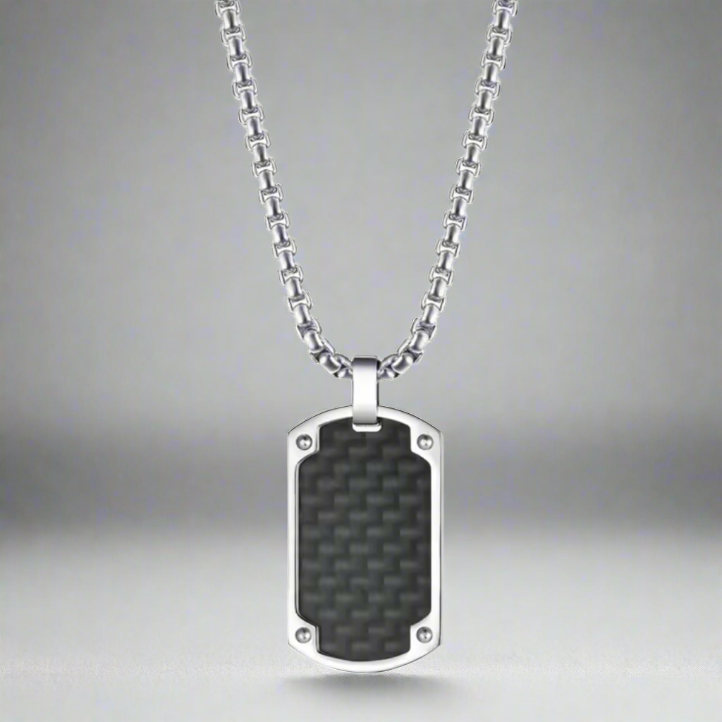13151 Men’s Long Chain Stainless Steel Necklace with Carbon Fiber Pendant