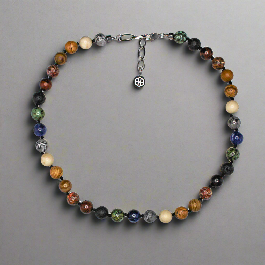 11410 Men's 10mm Handknotted Multi-Stone Necklace