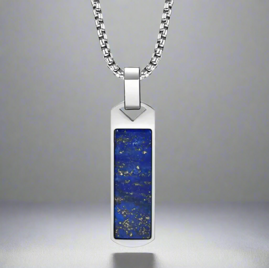 13216 Men’s Lapis Lazuli Rectangle Pendant Stainless Steel Necklace