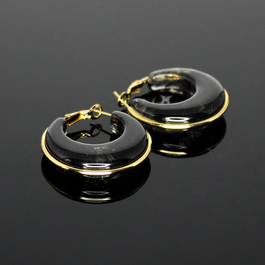 16187 Women’s Smoky Black Resin Stainless Steel Hoop Earrings