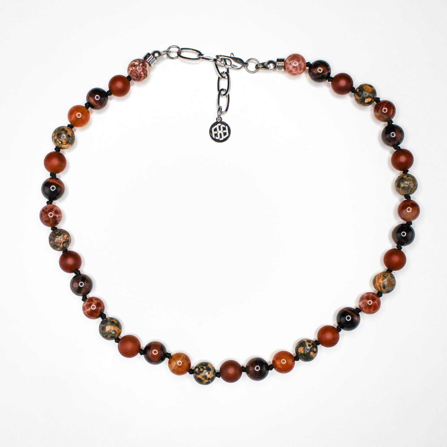 11407 Men's 10mm Handknotted Necklace Leopard Skin Jasper, Crab Fire Agate, Red Tiger’s Eye and Matte Red Agate