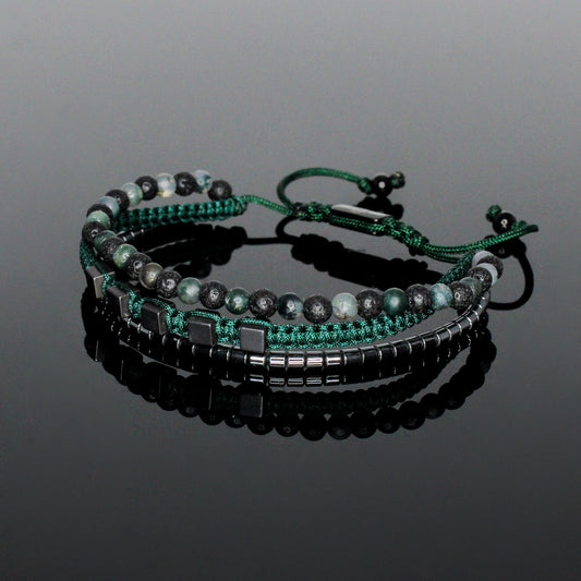 2238 Men’s Multi-layer Bracelet with Lava Stone, Matte Moss Agate and Hematite