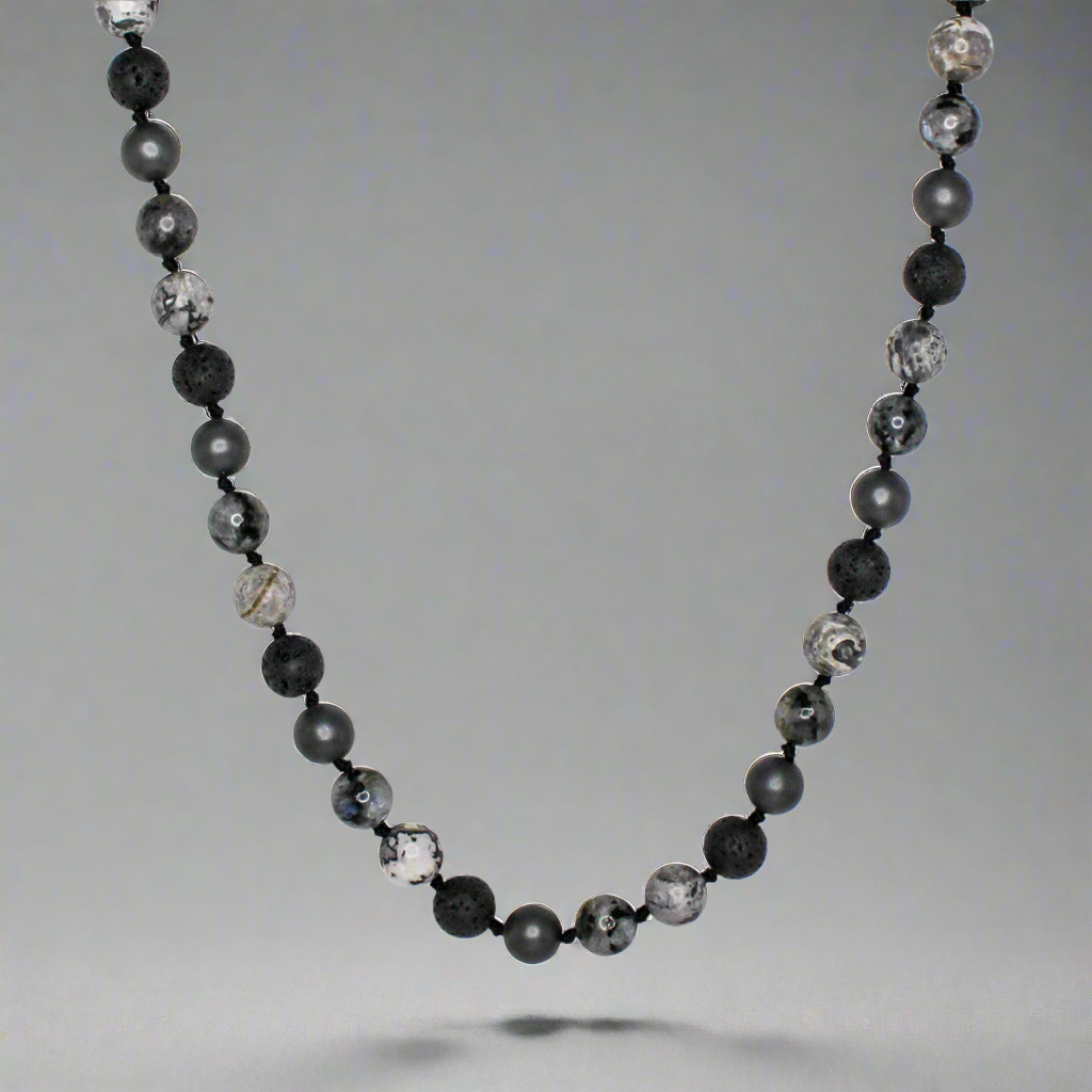 11403 Men's 10mm Handknotted Necklace in Dark Blue Sodalite, White Howlite, Gray Landscape Jasper and Hematite