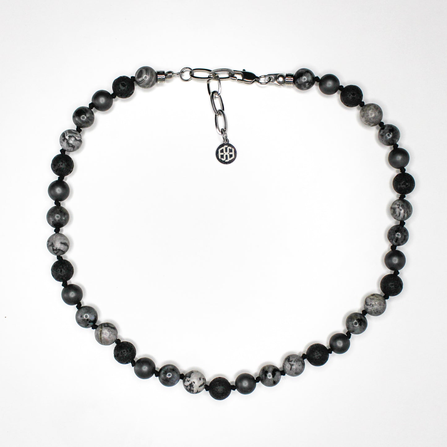 11403 Men's 10mm Handknotted Necklace in Dark Blue Sodalite, White Howlite, Gray Landscape Jasper and Hematite