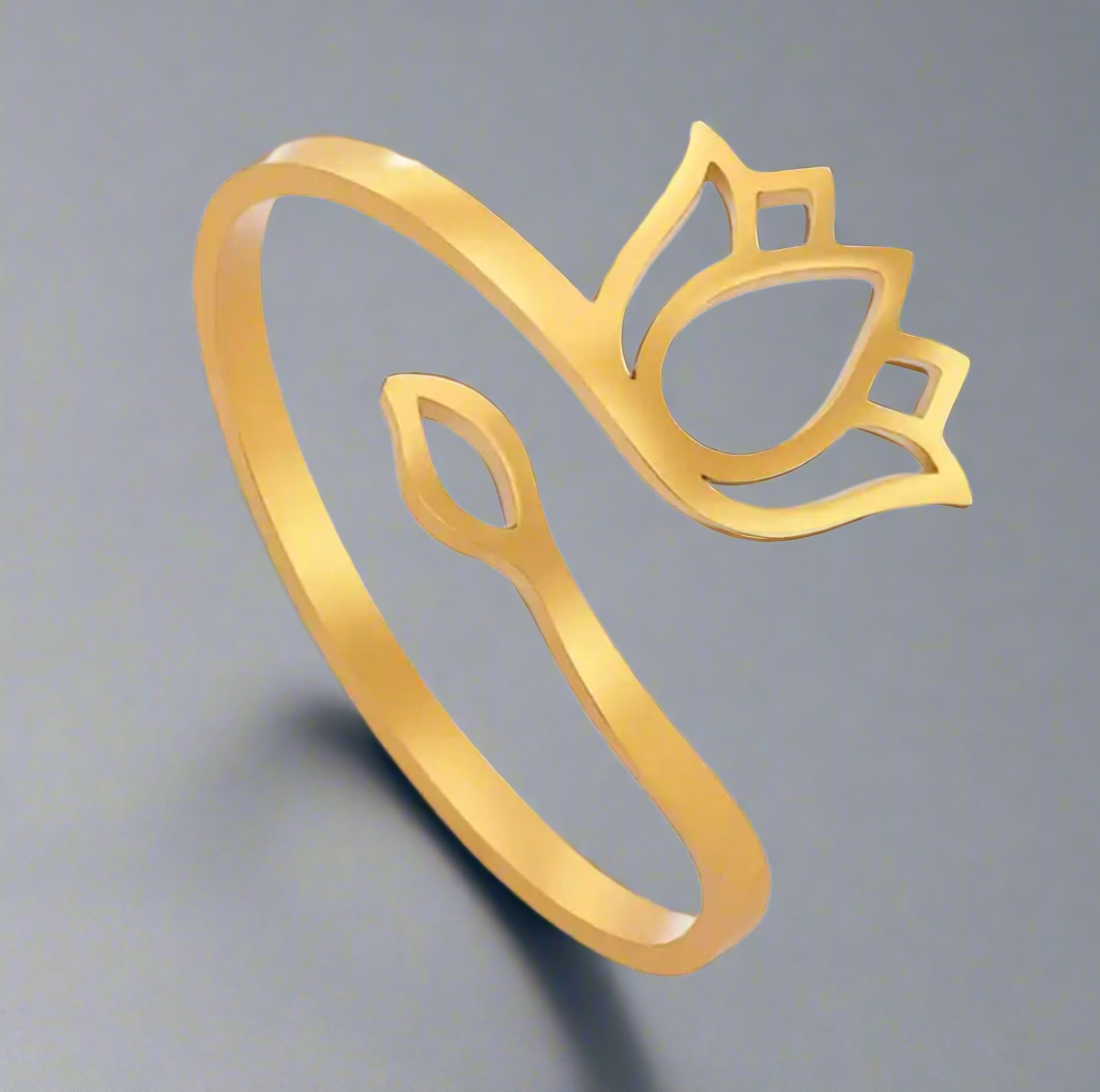 19114 Women’s Adjustable Stainless Steel Gold Lotus Flower Ring
