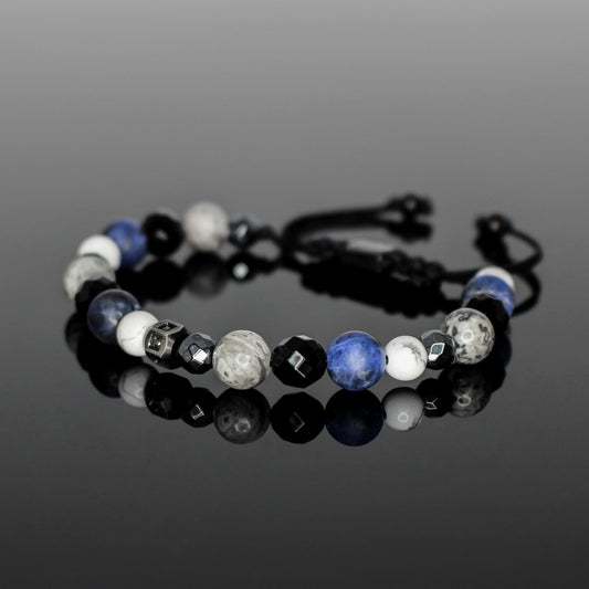 2237 Men’s Mixed Stone Bracelet with Matte Dark Blue Sodalite, White Howlite, Gray Landscape Jasper, Hematite and Black Onyx