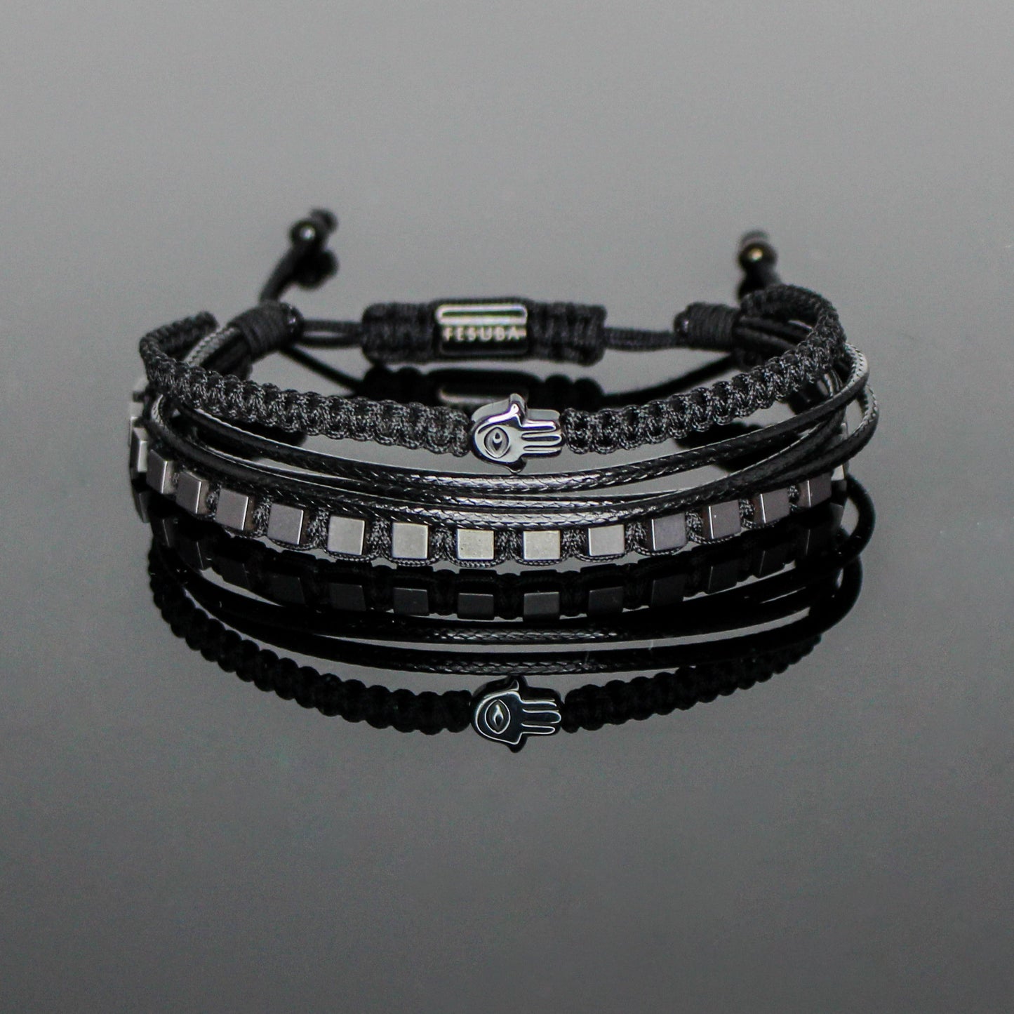 2229 Men’s Multi-layer Bracelet with Matte Cube Hematite and Hamsa Hand