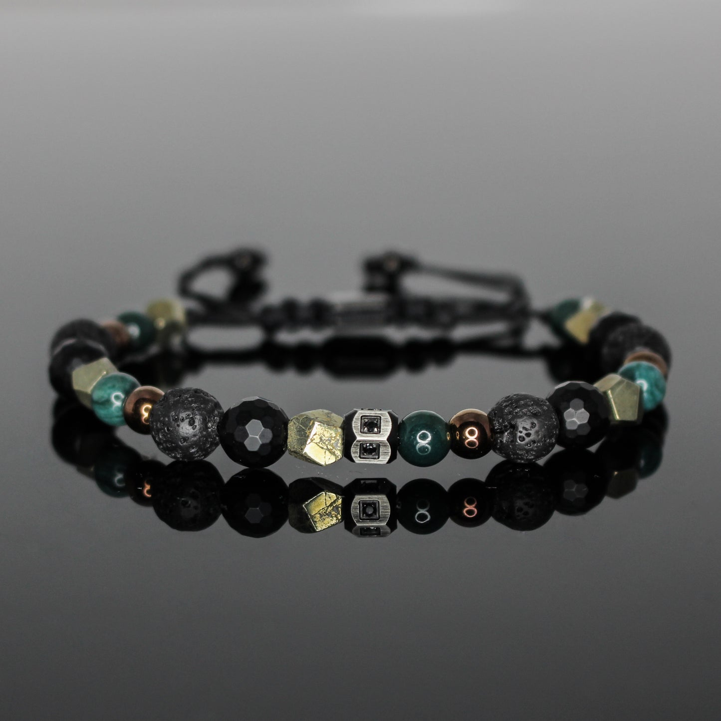 2236 Men’s Mixed Stone Bracelet with Lava Stone, Pyrite, Matte Black Onyx, Moss Agate and Copper Hematite