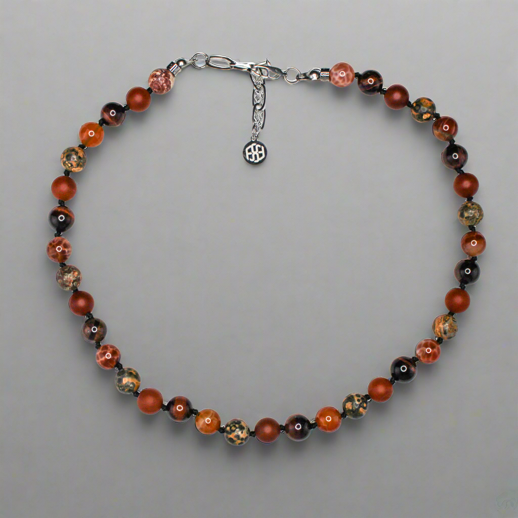 11407 Men's 10mm Handknotted Necklace Leopard Skin Jasper, Crab Fire Agate, Red Tiger’s Eye and Matte Red Agate