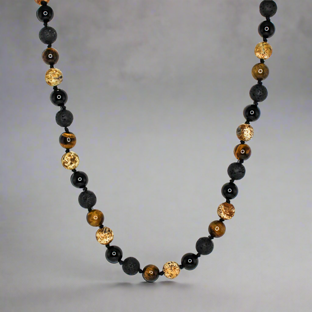 11402 Men's 10mm Handknotted Necklace in Black Onyx, Lava Stone, Tiger’s Eye and Wood Texture Agate