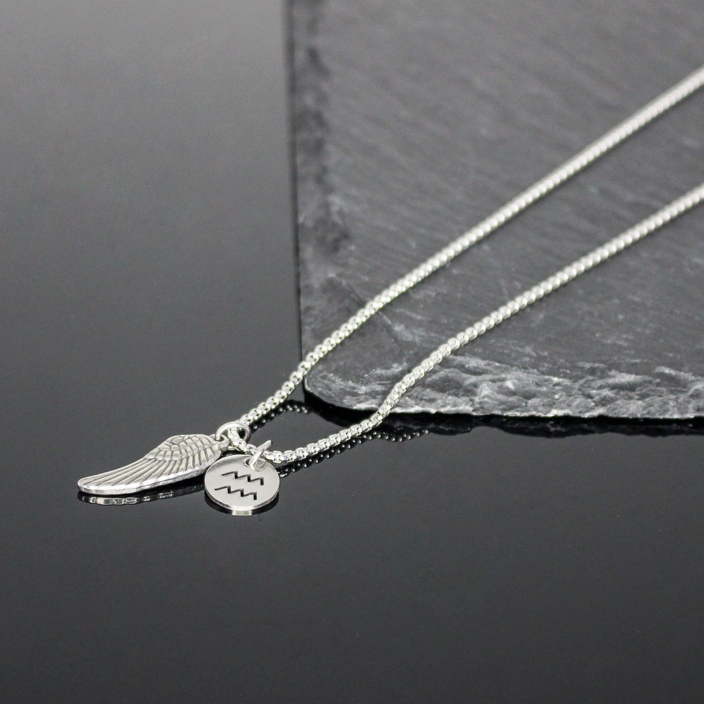 13209 Men’s Zodiac Aquarius with Archangel Wing Double Pendant Necklace