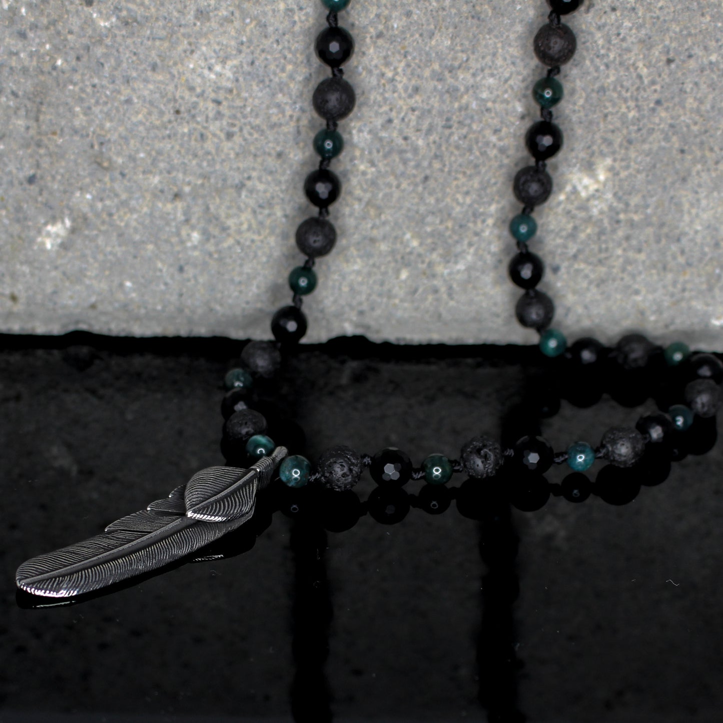 11416 Men's Handknotted Mixed Stone Necklace with Falcon Feather Pendant