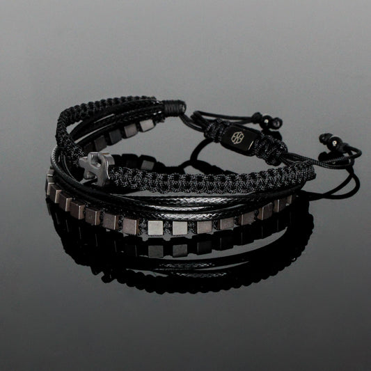 2239 Men’s Multi-layer Bracelet with Matte Cube Hematite and Anchor