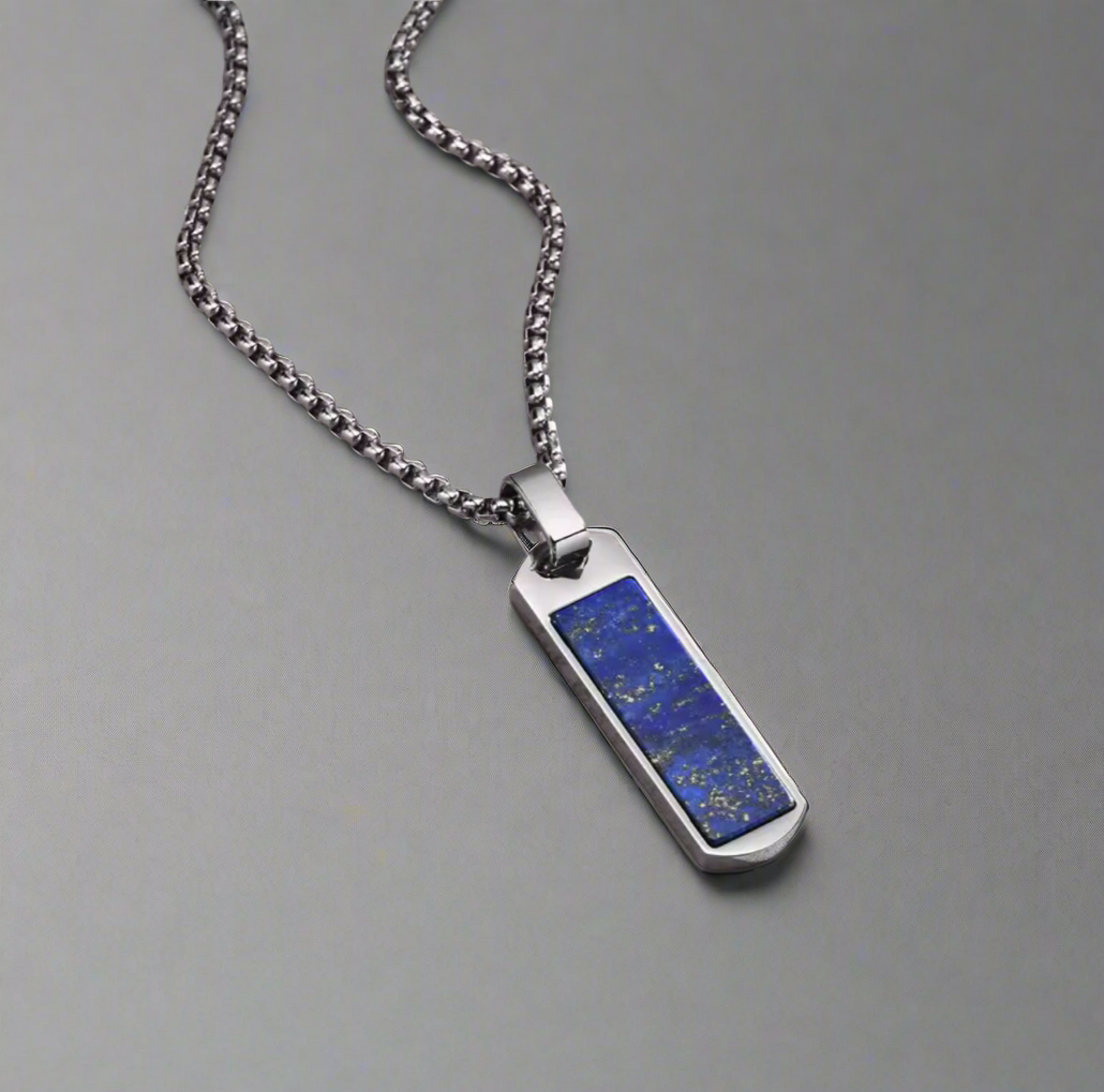 13216 Men’s Lapis Lazuli Rectangle Pendant Stainless Steel Necklace