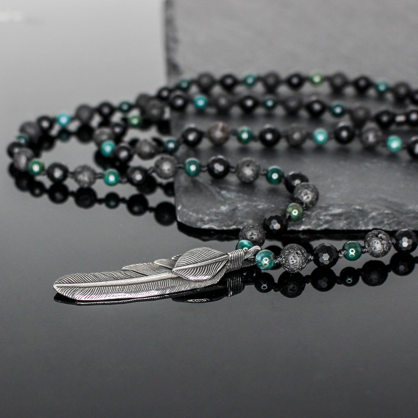 11416 Men's Handknotted Mixed Stone Necklace with Falcon Feather Pendant