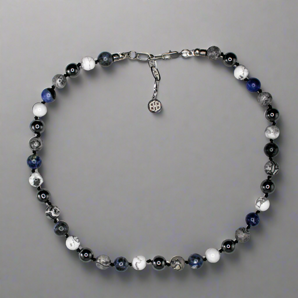 11404 Men's 10mm Handknotted Necklace in Gray Landscape Jasper, Larvikite, Lava Stone and Matte Hematite