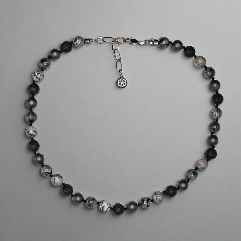 11403 Men's 10mm Handknotted Necklace in Dark Blue Sodalite, White Howlite, Gray Landscape Jasper and Hematite
