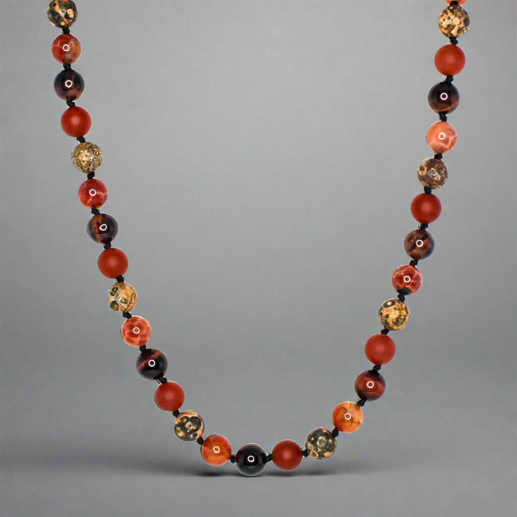 11407 Men's 10mm Handknotted Necklace Leopard Skin Jasper, Crab Fire Agate, Red Tiger’s Eye and Matte Red Agate