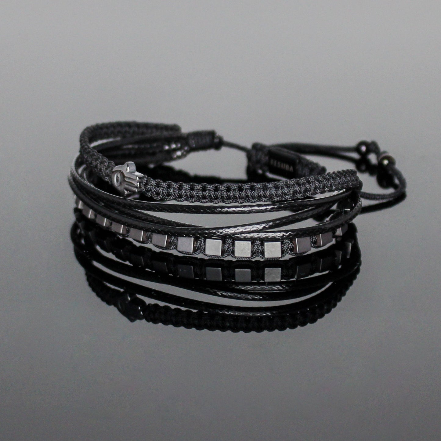 2229 Men’s Multi-layer Bracelet with Matte Cube Hematite and Hamsa Hand
