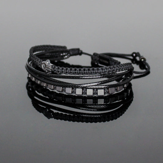 2229 Men’s Multi-layer Bracelet with Matte Cube Hematite and Hamsa Hand