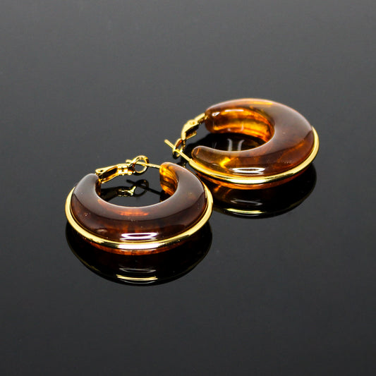 16187 Women’s Golden Amber Resin Stainless Steel Hoop Earrings