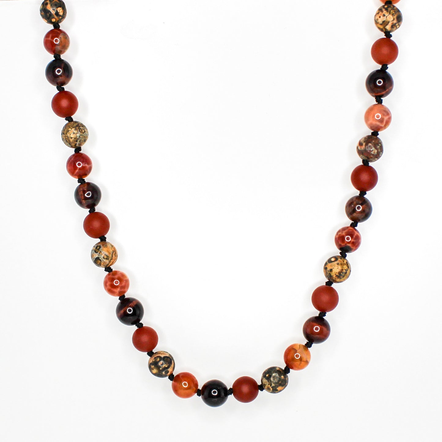 11407 Men's 10mm Handknotted Necklace Leopard Skin Jasper, Crab Fire Agate, Red Tiger’s Eye and Matte Red Agate