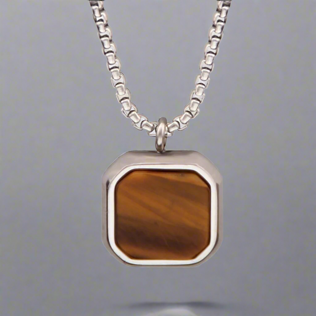 13204 Men’s Necklace Stainless Steel with Tiger's Eye Square Pendant
