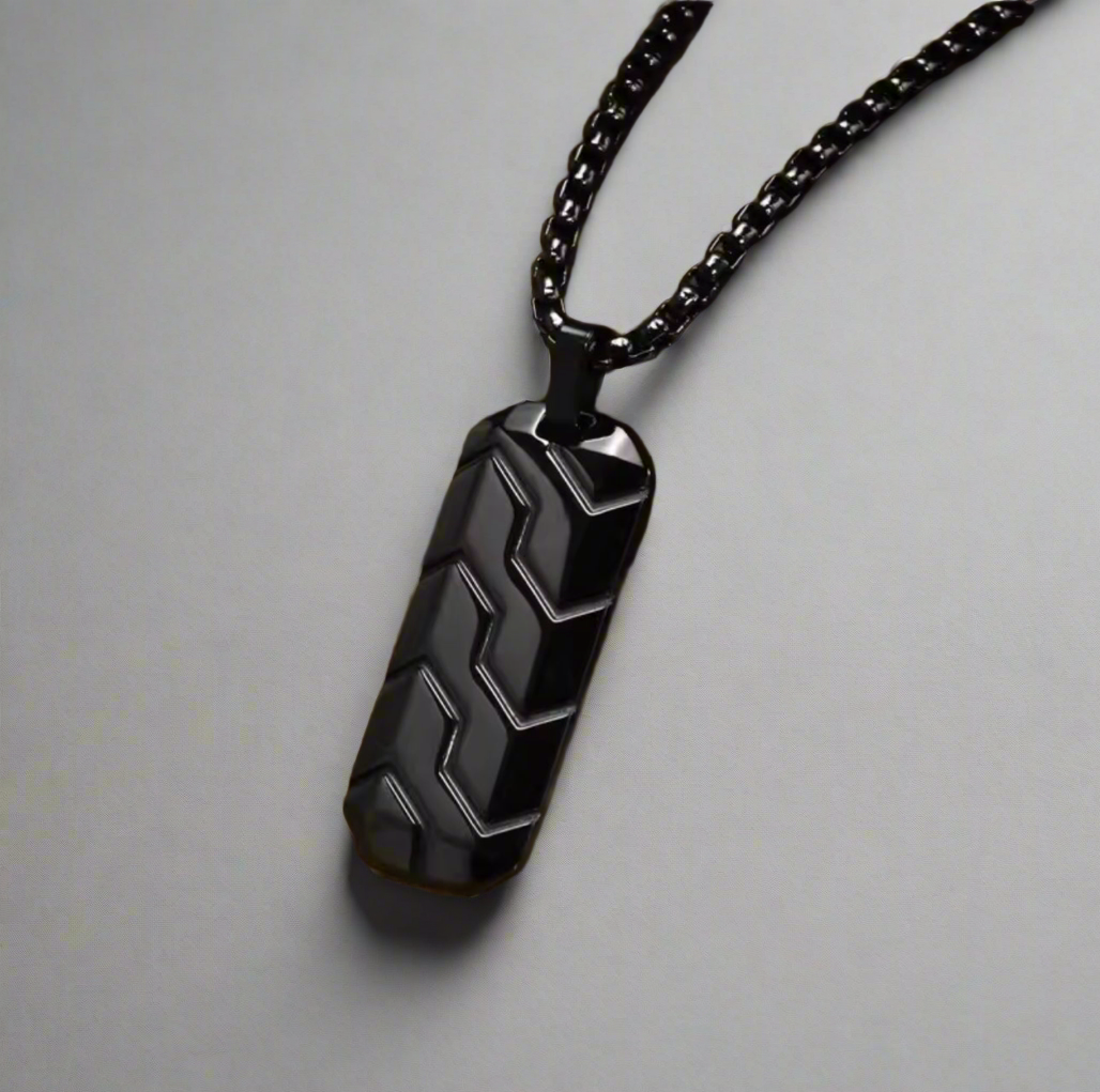 13211 Men’s Necklace Black Stainless Steel with Tire Pattern Pendant