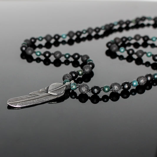 11416 Men's Handknotted Mixed Stone Necklace with Falcon Feather Pendant