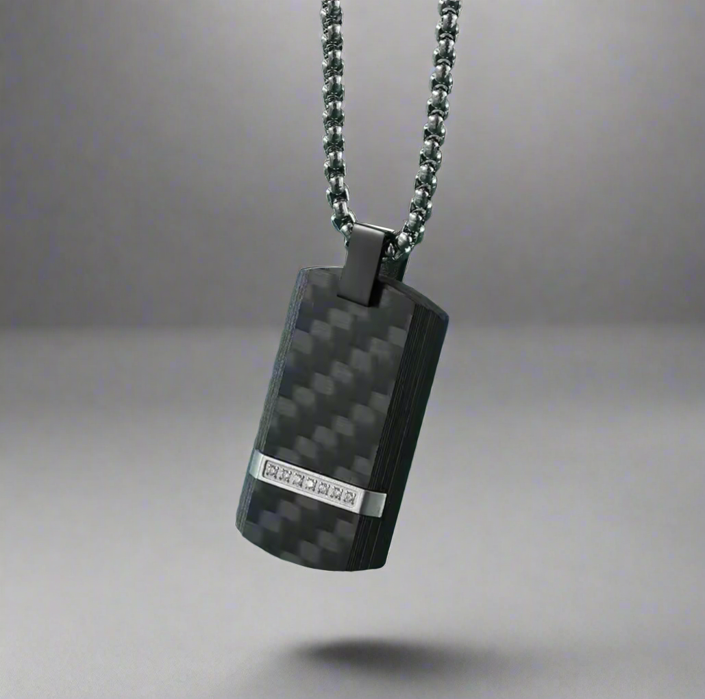 13152 Men’s Long Chain Stainless Steel Necklace with Carbon Fiber Pendant