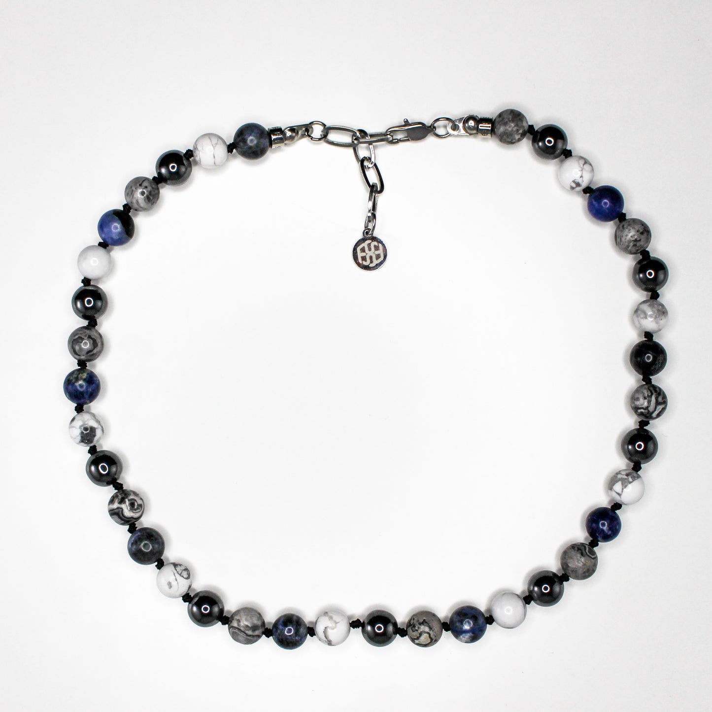 11404 Men's 10mm Handknotted Necklace in Gray Landscape Jasper, Larvikite, Lava Stone and Matte Hematite
