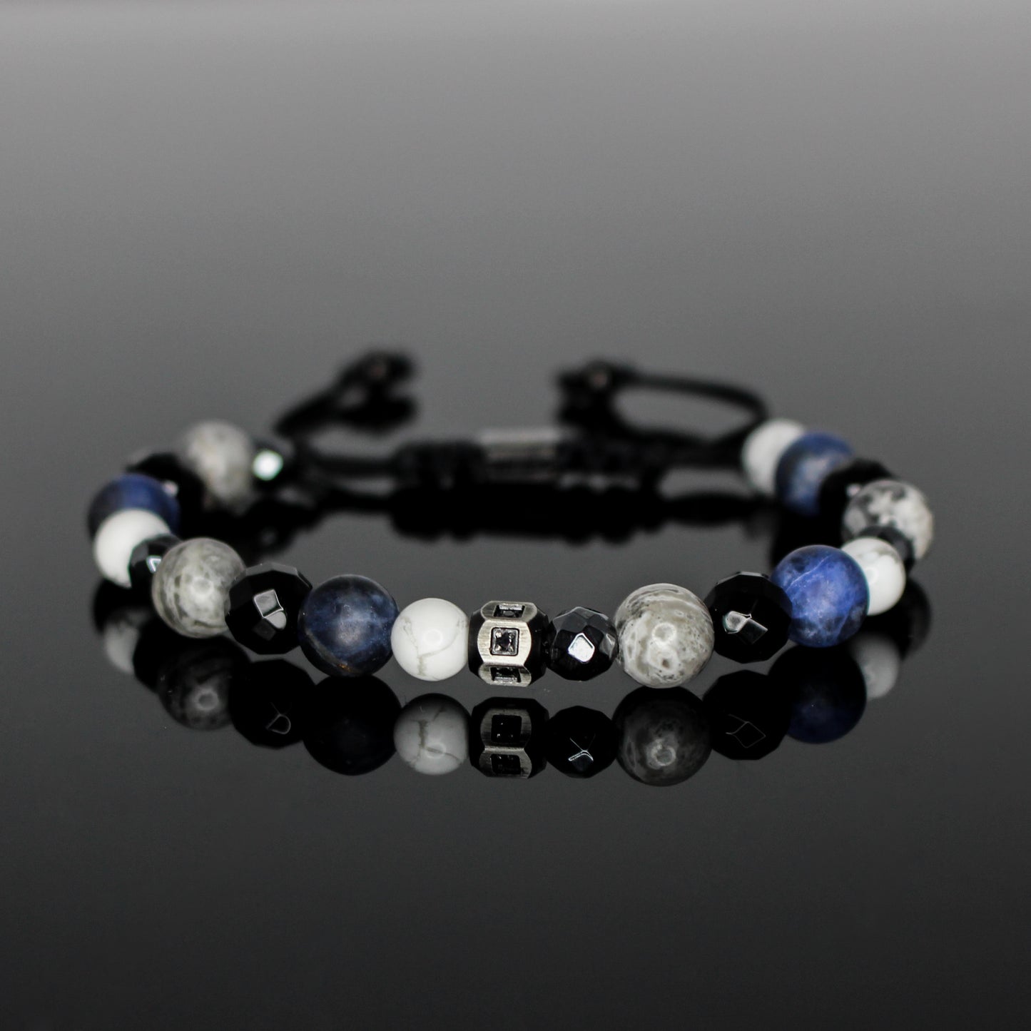 2237 Men’s Mixed Stone Bracelet with Matte Dark Blue Sodalite, White Howlite, Gray Landscape Jasper, Hematite and Black Onyx