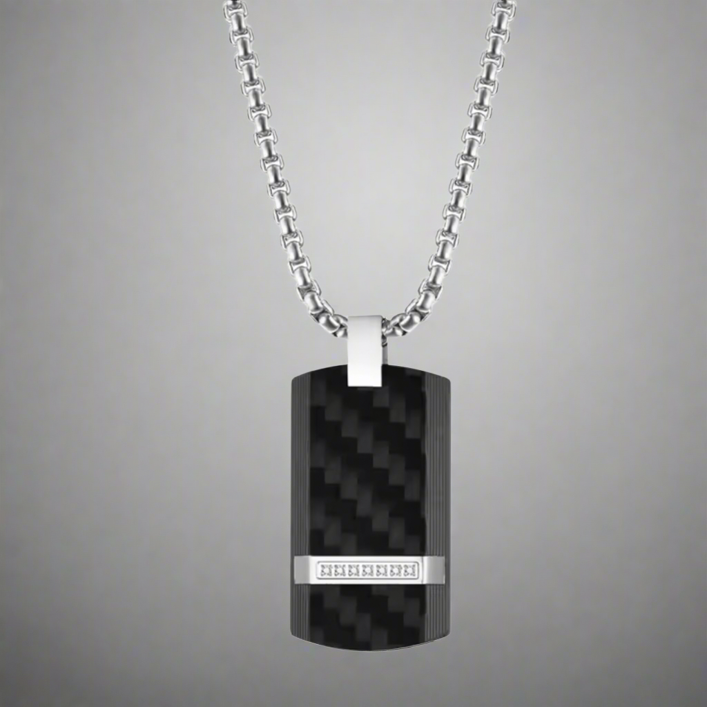 13152 Men’s Long Chain Stainless Steel Necklace with Carbon Fiber Pendant
