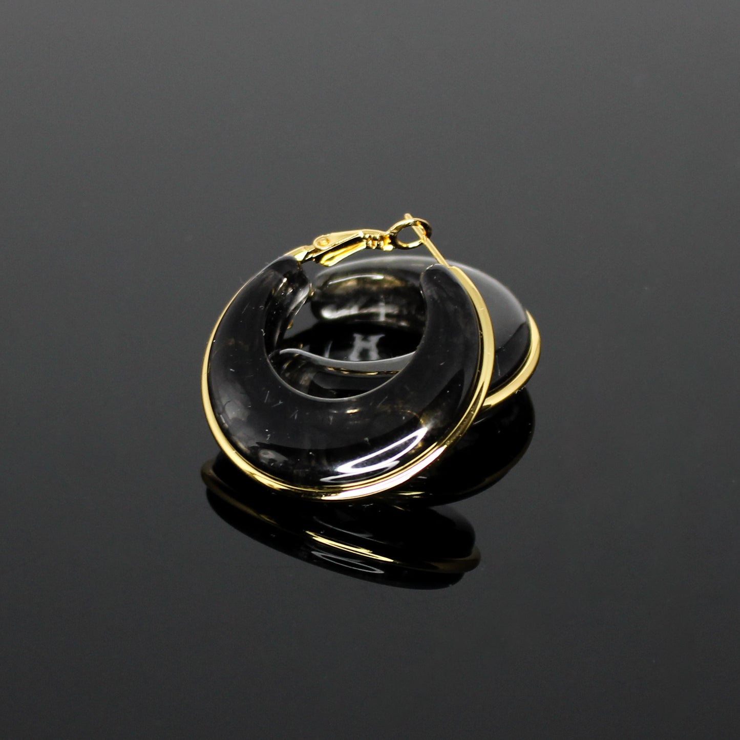 16187 Women’s Smoky Black Resin Stainless Steel Hoop Earrings