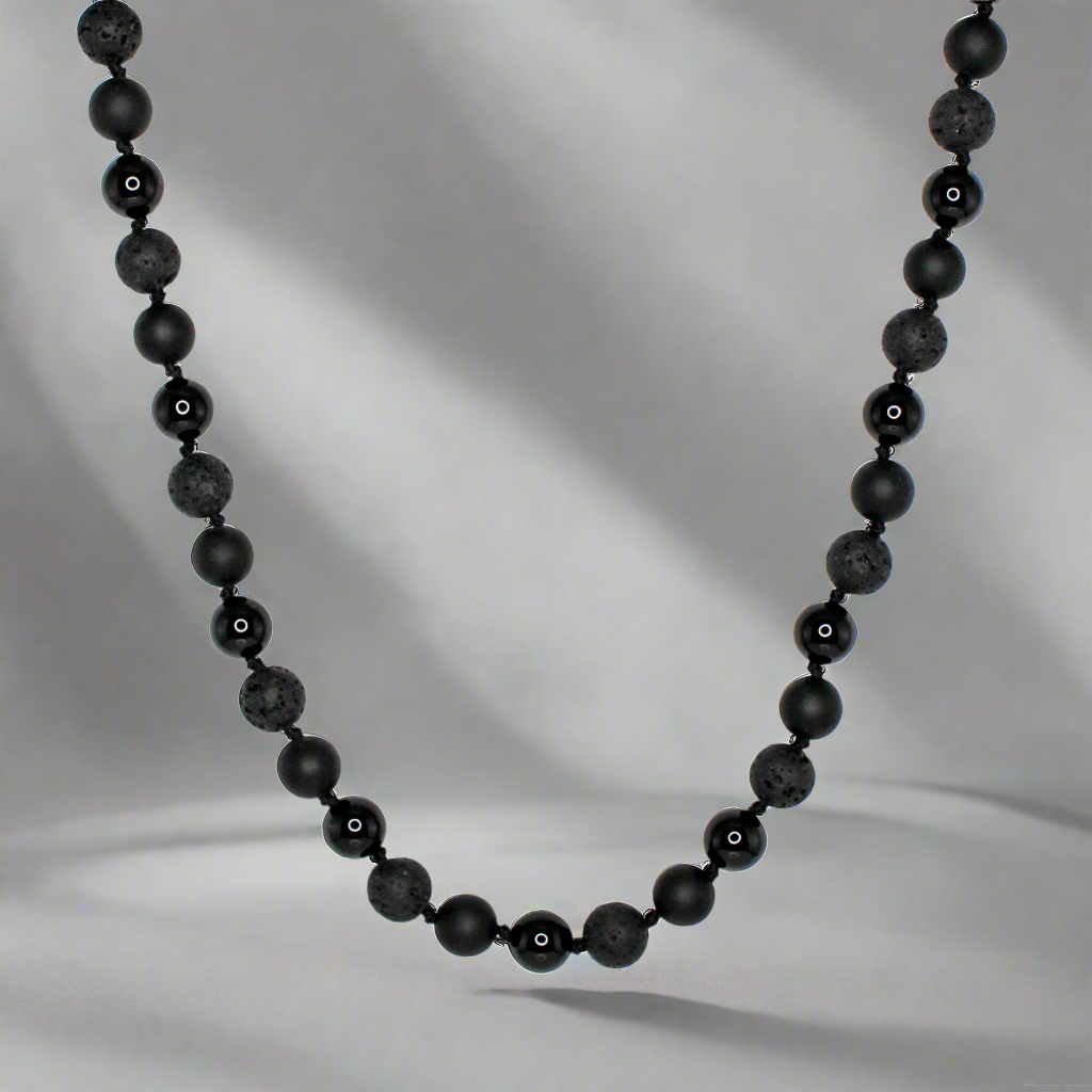 11401 Men's 10mm Handknotted Necklace in Matte Black Onyx, Lava Stone and Black Onyx