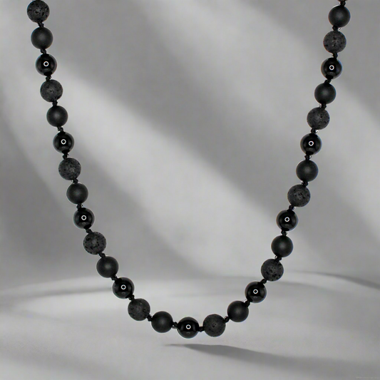 11401 Men's 10mm Handknotted Necklace in Matte Black Onyx, Lava Stone and Black Onyx