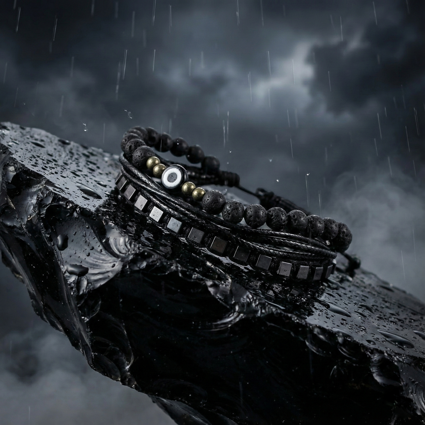 2225 Men’s Black Evil Eye Multi-Layer Bracelet with Lava Stone, Pyrite and Matte Black Hematite