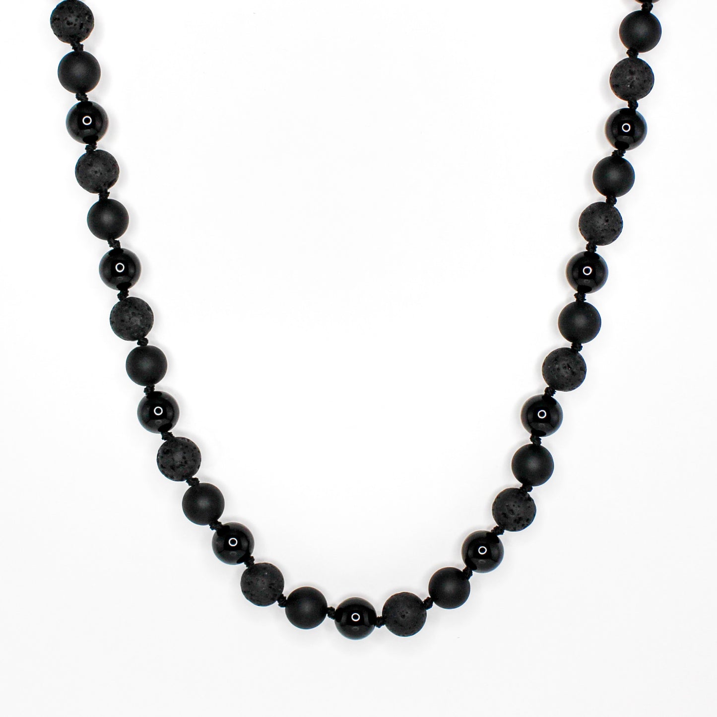 11401 Men's 10mm Handknotted Necklace in Matte Black Onyx, Lava Stone and Black Onyx