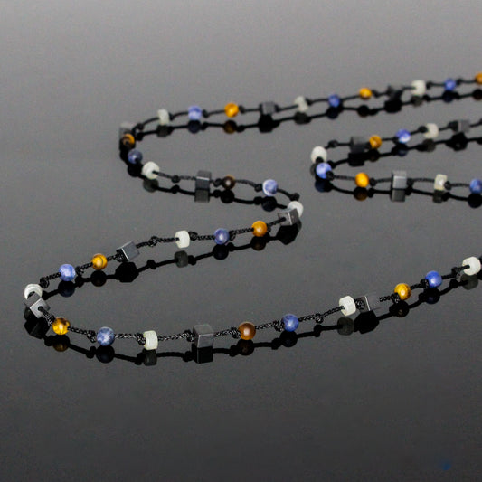 11121 Men's Minimalist Hand-Knotted Necklace with Matte Hematite, Matte Dark Blue Sodalite, Matte Tiger’s Eye and Labradorite