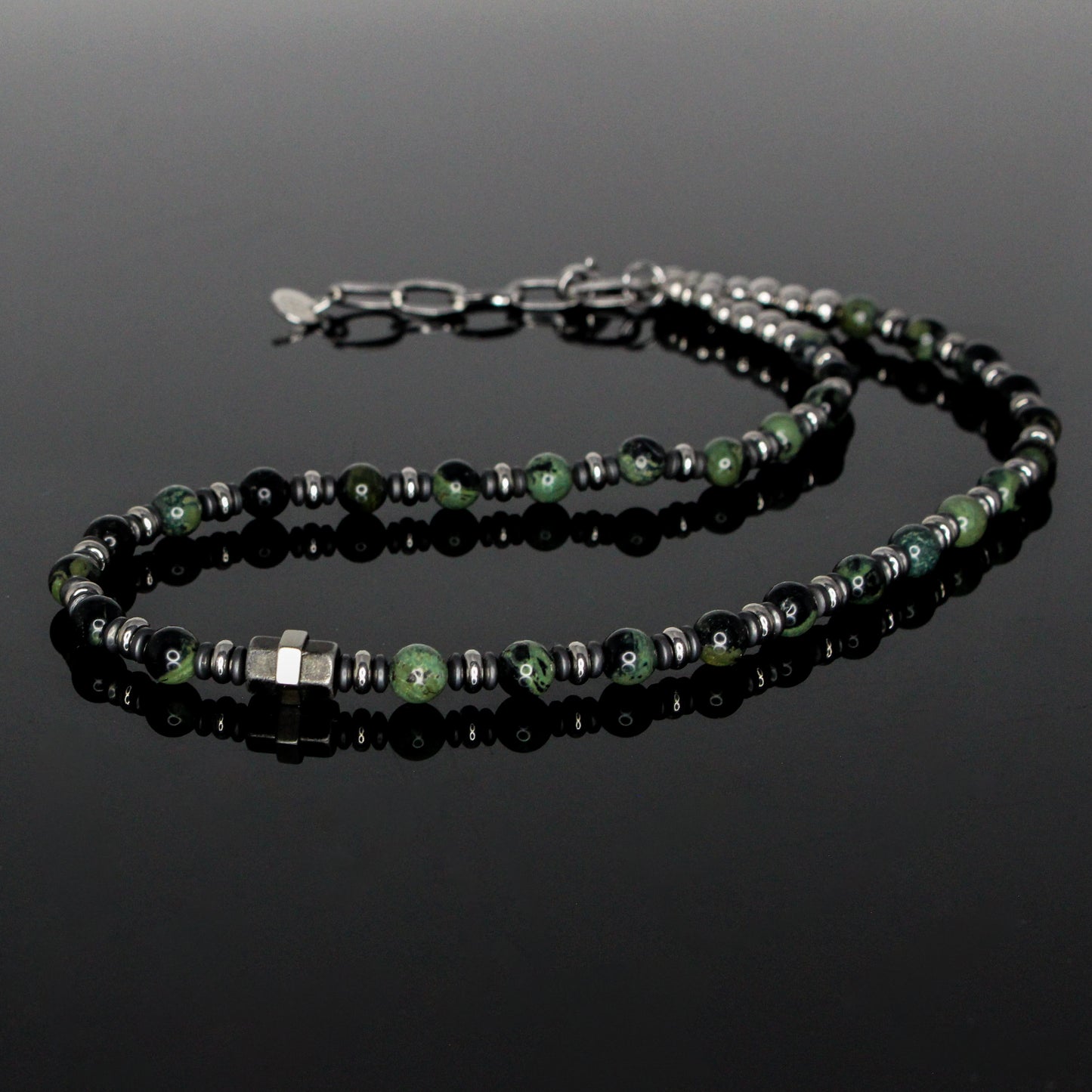 11124 Men’s 6mm Beaded Choker Necklace with Green Rhyolite Kambaba Jasper, Matte Hematite, and Stainless Steel