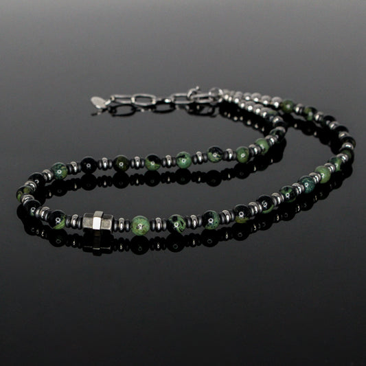 11124 Men’s 6mm Beaded Choker Necklace with Green Rhyolite Kambaba Jasper, Matte Hematite, and Stainless Steel