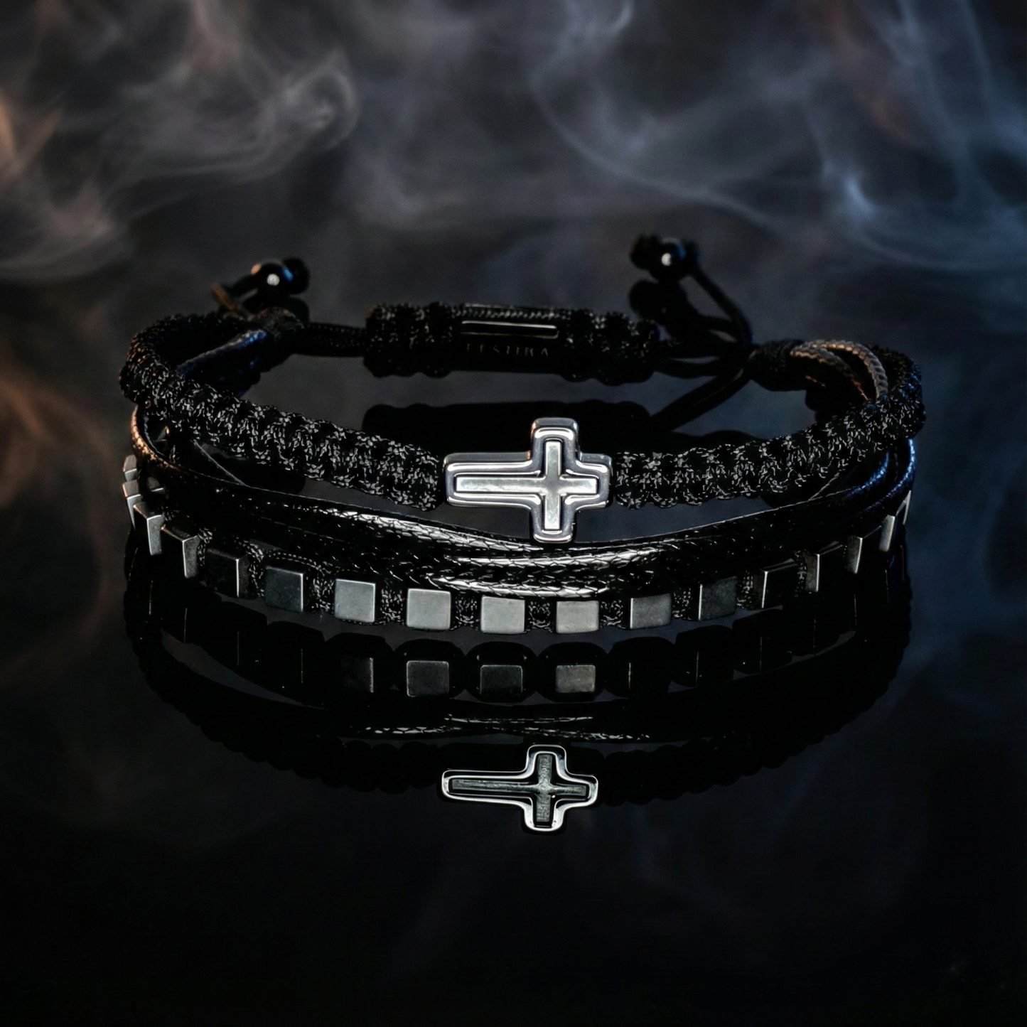 2240 Men’s Multi-layer Bracelet with Matte Cube Hematite and Cross
