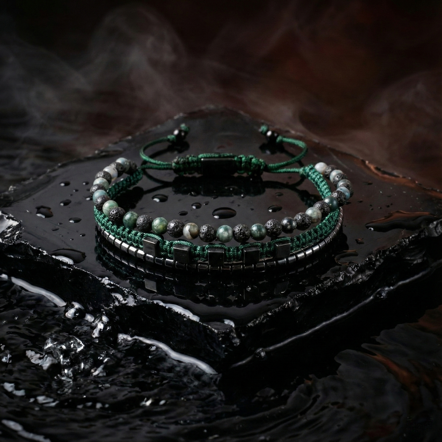 2238 Men’s Multi-layer Bracelet with Lava Stone, Matte Moss Agate and Hematite