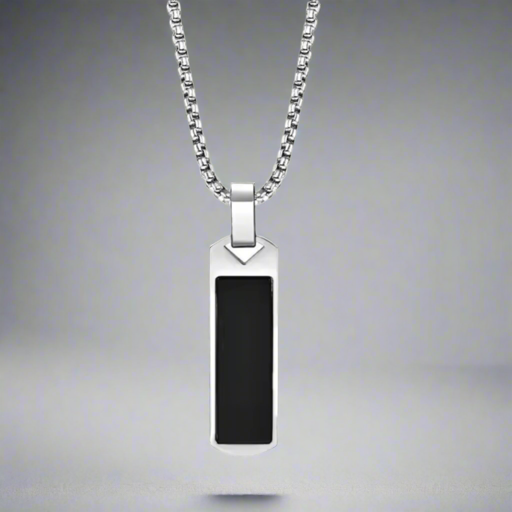 13216 Men’s Black Agate Rectangle Pendant Stainless Steel Necklace
