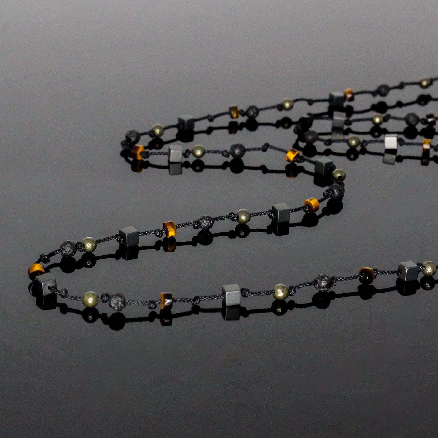 11109 Men's Minimalist Hand-Knotted Necklace with Matte Hematite, Lava Stone, Pyrite and Tiger’s Eye