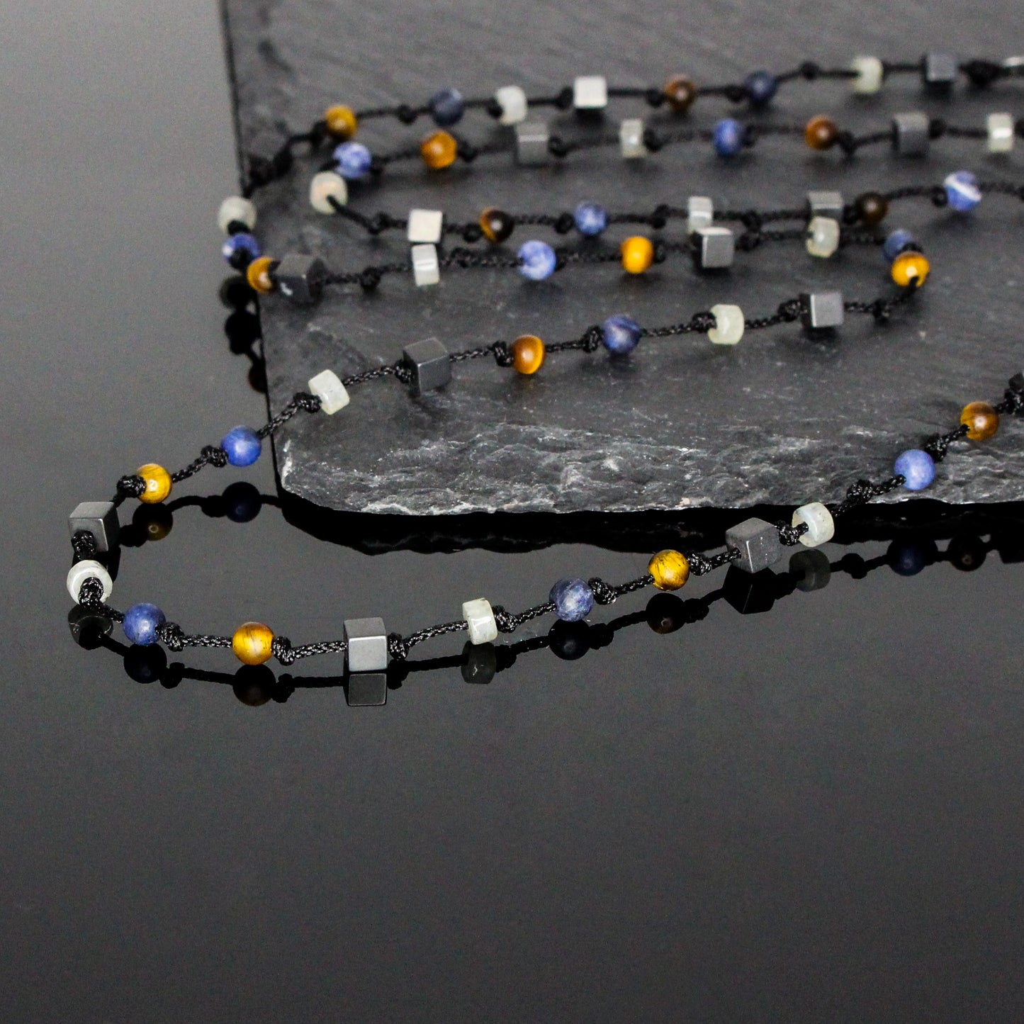 11121 Men's Minimalist Hand-Knotted Necklace with Matte Hematite, Matte Dark Blue Sodalite, Matte Tiger’s Eye and Labradorite