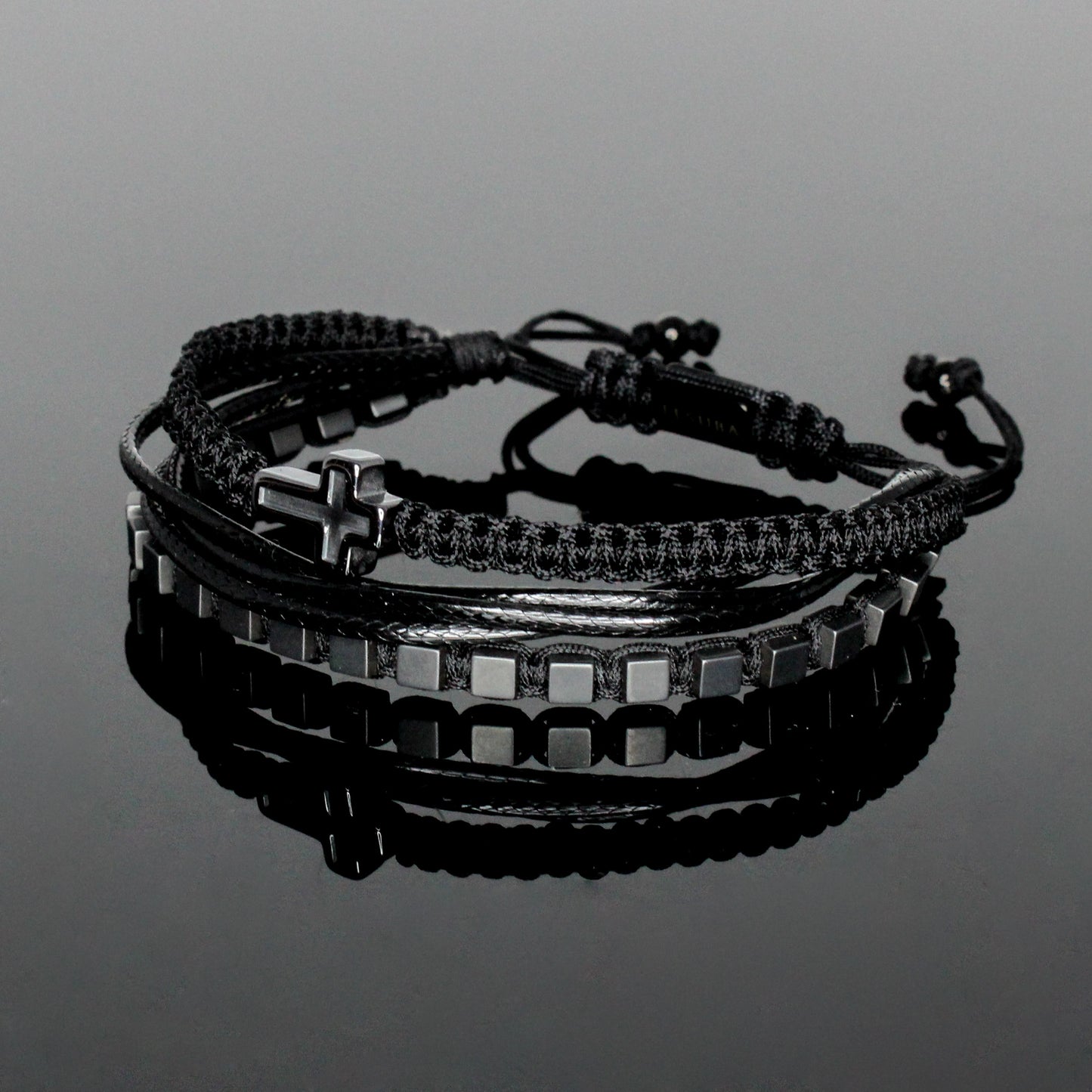 2240 Men’s Multi-layer Bracelet with Matte Cube Hematite and Cross