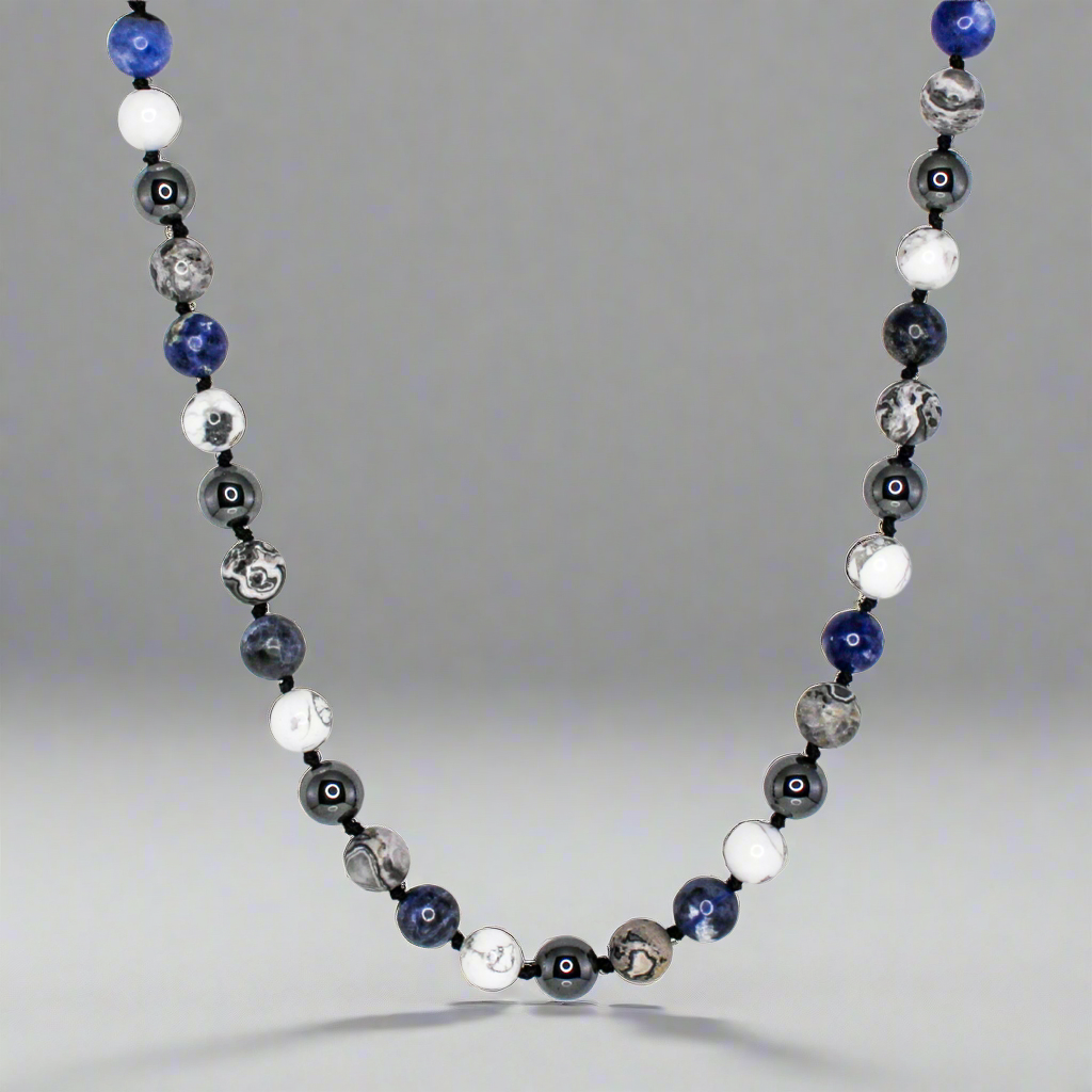 11404 Men's 10mm Handknotted Necklace in Gray Landscape Jasper, Larvikite, Lava Stone and Matte Hematite